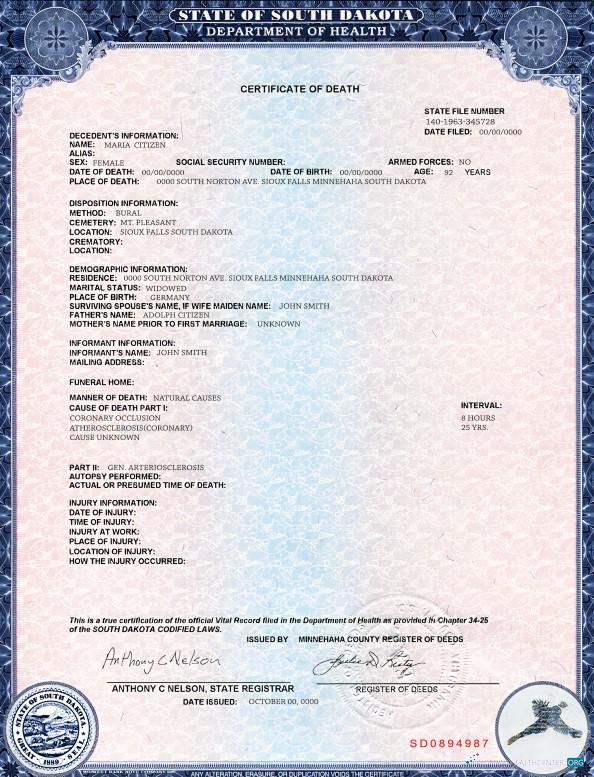 Download USA South Dakota state death certificate template in PSD format Photoshop template
